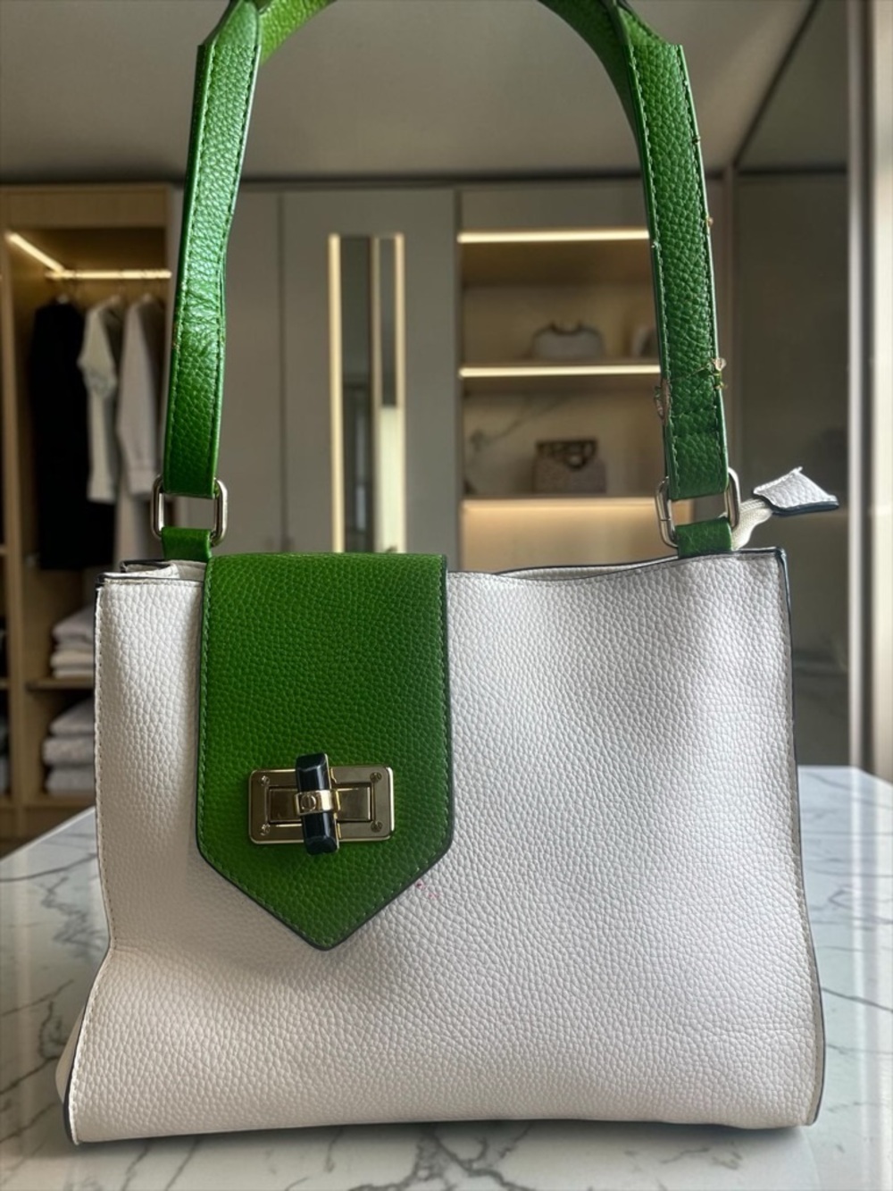 Chelsea & Violet Blush White Pebbled Leather Shoulder Bag with Green Flap - Picture 1 of 7